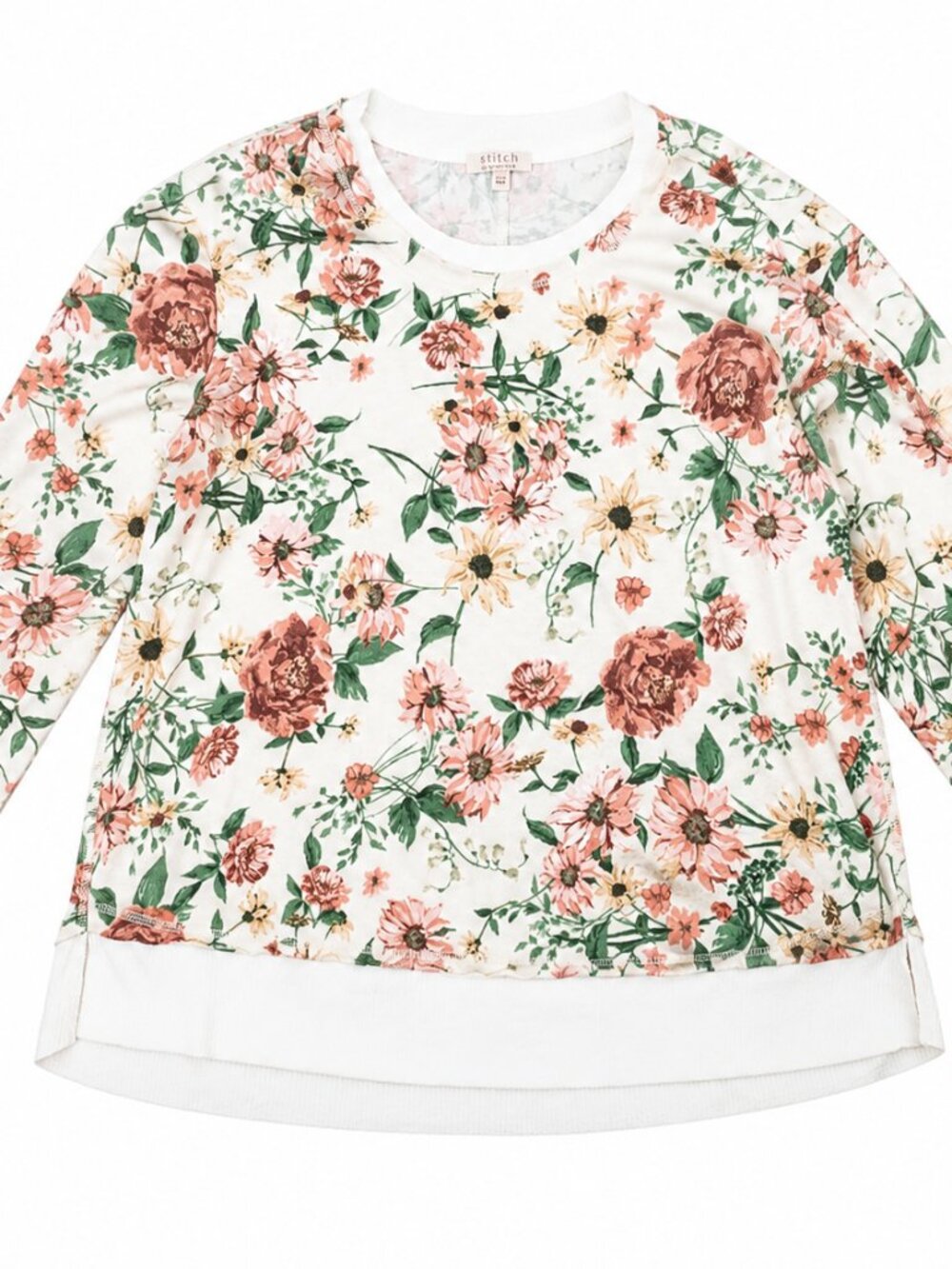 Stitch Floral Women's XXL White Pink Botanical Crewneck Pullover Cottagecore
